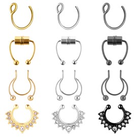 Yolev 12Pcs Fake Nose Rings for Women Non-Piercing Fake Nose Rings for Women Fake Nose Piercing Fake Septum Ring Fake Septum Piercing Faux Nose Rings Fake Lip Ring Fake Helix Earring