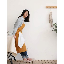 Adjustable Japan Nordic Style Soft Cotton Linen Apron with Four Pockets A Towel (Amber yellow)