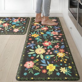 GENIMO Kitchen Mats for Floor 2PCS, Cushioned Kitchen Rugs Non Slip Washable, Anti Fatigue Mat Waterproof, Comfort Standing Mat Rug for Office, Home, Sink, Laundry, 17.3"x47"+17.3"x30", Black