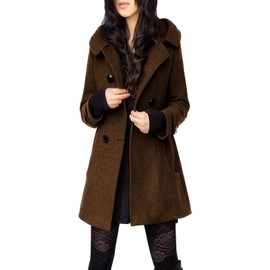 Tanming Women's Warm Double Breasted Wool Pea Coat Trench Coat Jacket with Hood (Brown-XL)