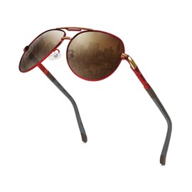 FEISEDY B1052 Men's Sunglasses, Polarized Large, Teardrop, Classic Design, Metal Frame, UV 400, UV Protection, For Driving, Red Frame Brown Lens