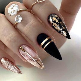 French Tip Press On Nails - FSUYA Press on Nails Medium, Marble Design Jelly Glue On Nails, Natural Reusable Stick On Nails in 12 Sizes - 24 Fake Nails Kit, Black & White