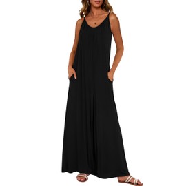 dowerme Women's Summer One Piece Jumpsuits 2025 Casual Spaghetti Strap Loose Wide Leg Long Pant Rompers With Pockets(Black,Small)
