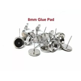 Unbranded Silver Tone Earring Posts Studs Settings Bezels Cabochons Tacks- 8mm Glue Pad