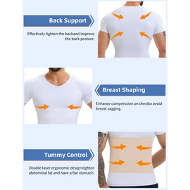 MISS MOLY Compression Shirts For Men Tummy Control Gynomastica Slimming Undershirt V Neck Short Sleeve Shapewear White M