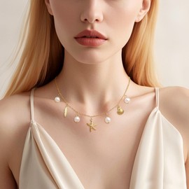 Jean Beau Dainty Gold Shell Pearl Pendant Necklaces for Women, Charm Cute Seashell Dangle Paperclip Chain Choker Necklace Summer Beach Prom Jewelry Gift