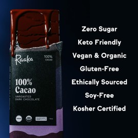 Raaka 100% Dark Chocolate Bars - Unsweetened, Bitter, Sugar Free, Pure Cacao - Organic, Vegan, Soy Free, Gluten Free, Kosher, Keto, Nut Free - 1.8oz 100% Chocolate Bars, 6-Pack