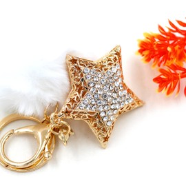 Tobestu Rhinestone Star Keychain for Women and Girls, Bling Crystal Bag Purse Charm, Handbag Keyrings Pompom Accessories Y2231 (White)