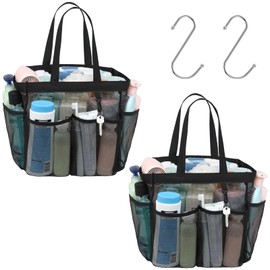 F-color Mesh Shower Caddy Portable, X Large 7 Deeper Pockets Shower Caddy Basket Bag Tote for College Dorm Room Bathroom Essentials Gym Camp Quick Dry 2 handles Shower Bag with S Hook, 2 Pack Black