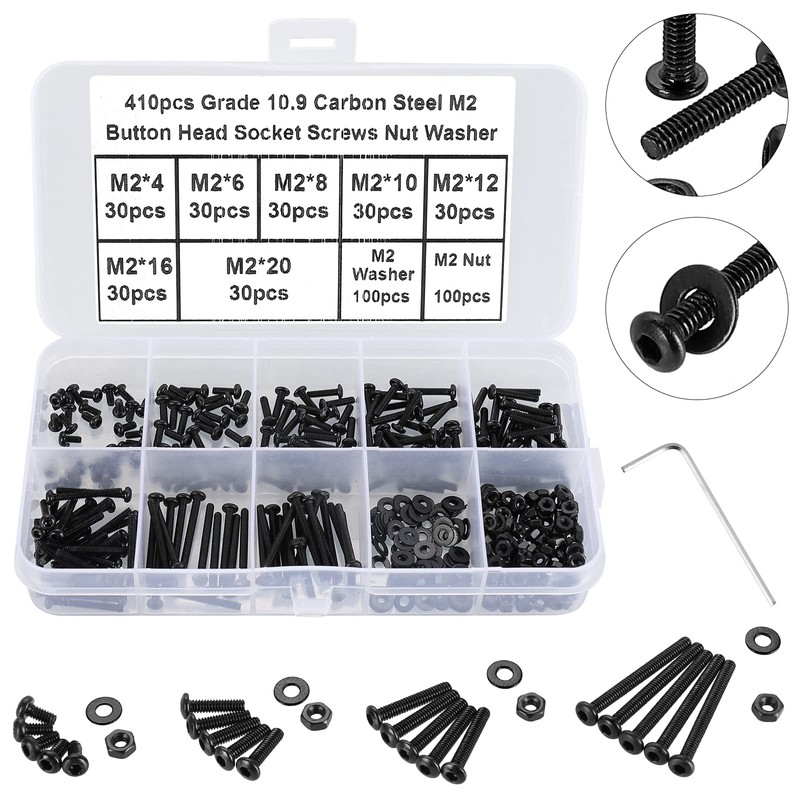 FandWay 410Pcs M2 Button Head Hex Socket Screws,10.9 Grade Alloy