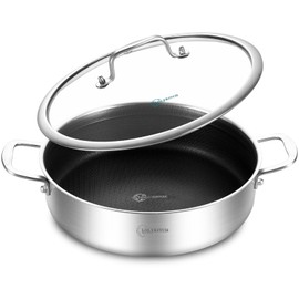 LOLYKITCH 6 QT Tri-Ply Stainless Steel Non-Stick Sauté Pan with Lid,12 Inch Deep Frying Pan,Large Skillet,Jumbo Cooker,Induction Cooking Pan,Heavy Duty and Oven Safe.