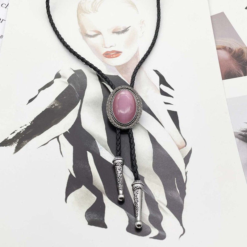 BRBAM Oval Natural Stone Pendant Bolo Tie Necklace Retro Gothic
