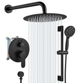 gotonovo Slide Bar Shower System Round Shower Faucet Sets with Rainfall Showerhead and 6-Mode Handheld Spray Wall Mounted Dual Function Including Rough-in Valve and Trim Kit, 10 Inch, Matte Black