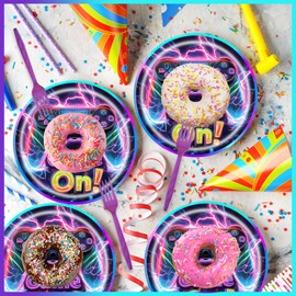 96 Pcs Video Game Birthday Decorations Gaming Party Supplies Includes Plates and Napkins, Forks for Kids Boys Teens Adults Neon Video Game On Birthday Party Decor