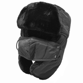 Unisex Winter Black Windproof Trapper Russian Hats with Face Mask Earflaps Faux Fur Outdoor Hat