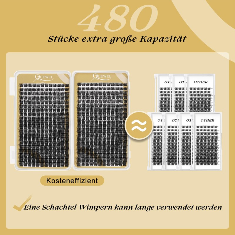 Cluster Eyelashes, QUEWEL Individual Eyelashes, 480 Pieces, DIY Eyelash Extensions,