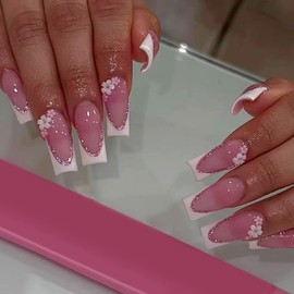 White French Press on Nails Medium Square - Summer Nude Pink Fake Nails Coffin False Nails Press ons with Flower Glitter Design Full Cover Nail Art Tips Acrylic Nail Kit Glue on Nail for Women 24 Pcs