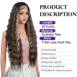 Joedir 30" Long Wavy Lace Front with 1.5"x4.5" Deep Part Lace Wig Heat Resistant Synthetic Wigs For Women 130% Density(Dark Brown Mixed Blonde Highlights Color)