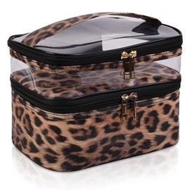 Large Capacity Travel Cosmetic Bag, Leopard Print Makeup Bag Waterproof Double Layer Makeup Bags, Flat Lay Makeup Bag Portable Toiletry Bag with Compartment for Men Women (Black)