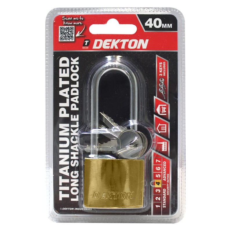DEKTON DT70137 40MM Long Shackle Titanium Plated Iron Padlock, Bronze