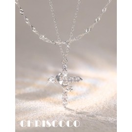 Chriscoco 2Pcs 14K Gold Plated Cross Necklace for Women Stainless Steel Cubic Zirconia Pendant Necklaces Adjustable Layered Necklace Set Waterproof Silver Chain