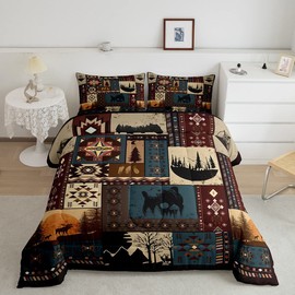 Bohemian Deer Bedding Sets Full Bear Wildlife Hunting Theme Comforter Cabin Decor Buffalo Plaid Grid Duvet Insert for Adult Women Men Retro Boho Xmas Pine Tree Down Comforter Geometric Quilt 3Pcs
