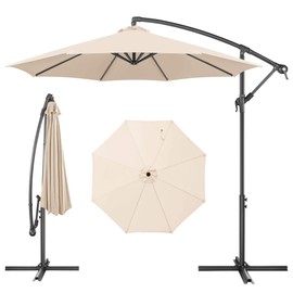 FLAME&SHADE 10ft Cantilever Patio Umbrella Outdoor, Large Offset Umbrella with Crank and Cross Base, UPF 50+ UV Protection Hanging Umbrella for Pool Deck Garden, Beige