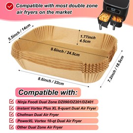 BYKITCHEN Air Fryer Liners for Ninja Dual Air Fryer, Set of 200, Rectangle Disposable Air Fryer Liners Compatible with Ninja DZ201/DZ401/DZ550/DZ090, Instant Vortex and Other DualZone Airfryer