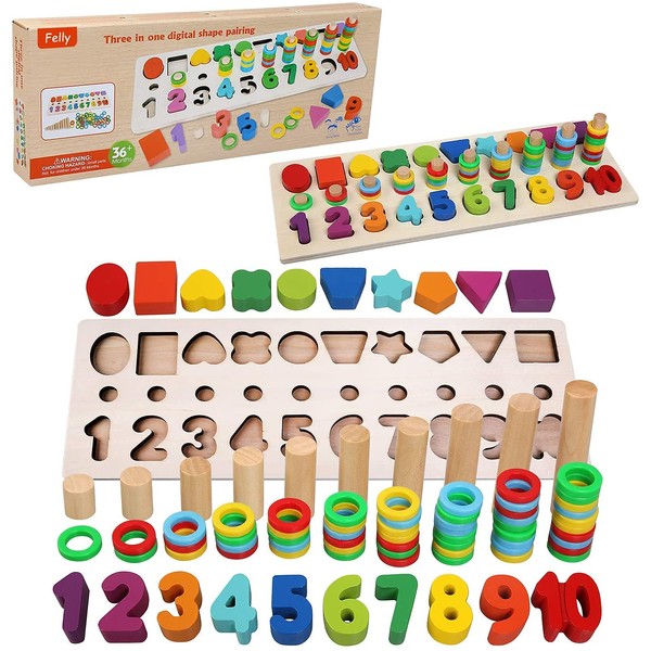 Felly Montessori Kids Games, 2 in 1 Educational Wooden Puzzle Toys, Stacking Rings Learning Math Counting Learning Colors, Educational Game Gift for Boy Girl 3+ Years Old