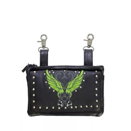 Dream Apparel Black Biker Studded Naked Cowhide Leather Belt Bag With Lime Green Wings