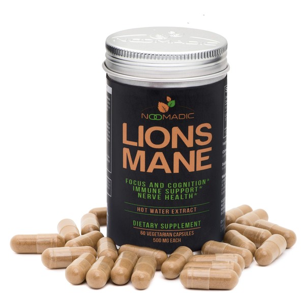 Lion's Mane Mushroom, 60 Capsules | 500mg Each, Nerve Growth Factor (NGF) & Nootropic (Focus, Memory, BDNF), Hot Water Extract, Wood Grown, Fruiting Bodies, 30% Beta-D-Glucans