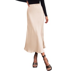 BTFBM 2024 Women Long Satin Summer Fall Skirt Silk Elegant High Waist Cocktail Party Wedding Flared A-Line Midi Skirts(Solid Beige, Small)