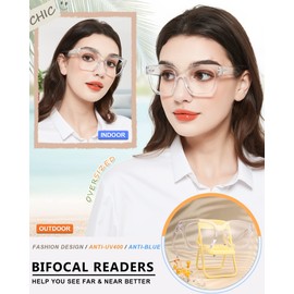MARE AZZURO Oversized Bifocal Reading Glasses 1.00 Women Blue Light Blocking Readers 100 125 150 175 200 225 250 275 300 350 (Transparent, 1.0)