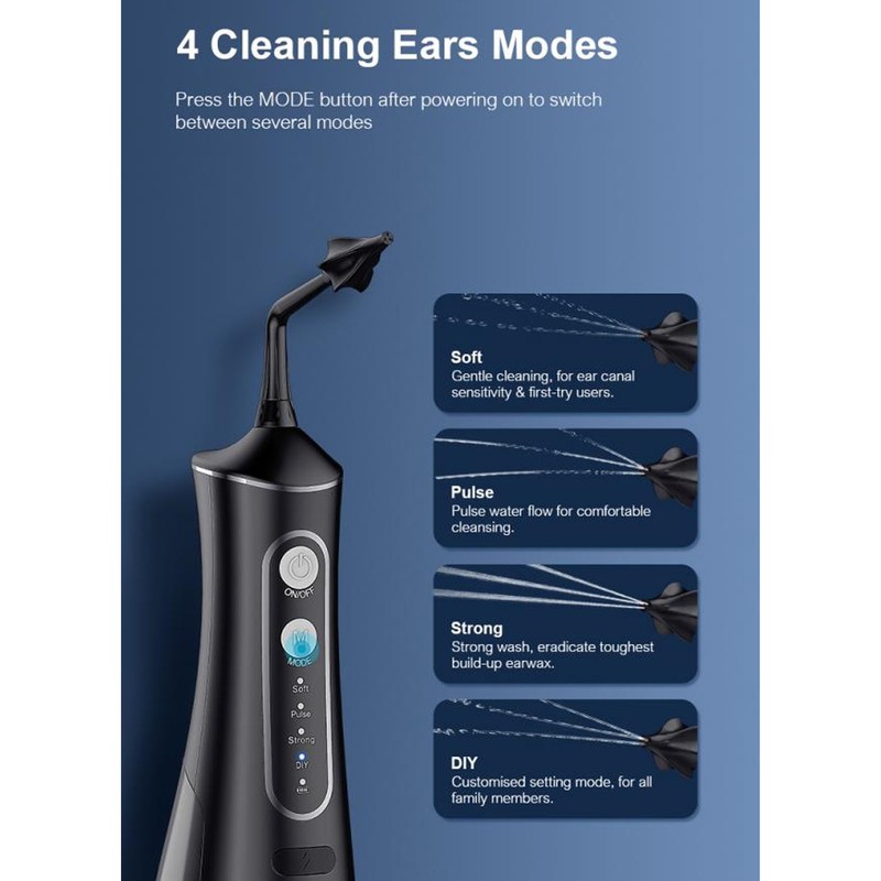 Water Powered Ear Cleaner IPX7 Waterproof 4 Cleaning Modes Portable