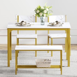 sogesfurniture 4 Piece Dining Table Set, Dining Room Set, Kitchen Dinner Table with Benches for 4, Includes Table, 2 Chairs & Bench, White Gold