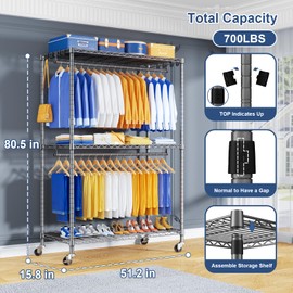 ULIFHOME P8 Heavy Duty Clothes Rack（With Extended Width Design） Rolling Clothing Racks for Hanging Clothes，Portable Garment Rack with Lockable Wheels，51.2" W x 15.8" D x 80.5" H，Max Load 700LBS，Grey