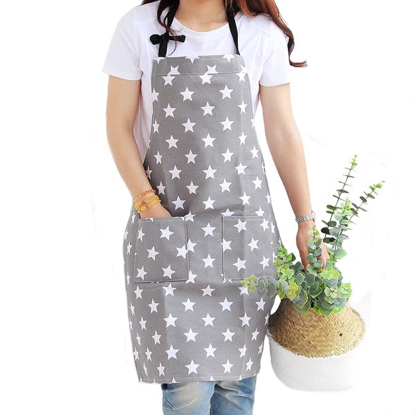 Dusenly Women's Apron With Two Pockets Fashion Star Pattern Cotton & Canvas Aprons for Women Chef kitchen, Cooking, Grill and Baking (Grey)