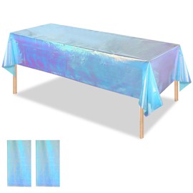 OQOQ Iridescent Table Cloths (2 Packs，Blue) - Rectangular Plastic Table Cover Disposable Tablecloth Birthday Decorations Waterproof Foil Tablecloth Bachelorette Party Ocean Mermaid Party 54x108 Inches