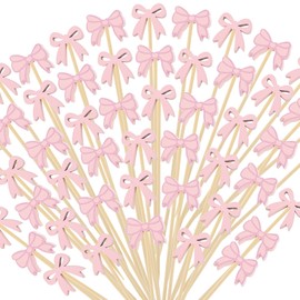 200Pcs Coquette Bow Cocktail Picks,4.7 Inch Pink Bow Toothpicks Bowknot Cocktail Appetizer Picks for Birthday Bachelorette Baby Shower Bridal Shower Party Supplies