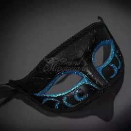 Couple's Masquerade Masks | Feather Masquerade Masks Black/Teal Blue