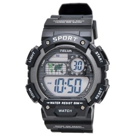 Klepher TE-D282-BK Men's Digital Sports Watch, Waterproof, Multifunctional, Urethane Strap, Black, Black