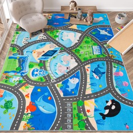 Car Rugs for Kids Toy Cars,78.7"X59" Marine Animal Road Rug for Kids,Non Slip Aquarium Road Map Car Track Mat,Washable Kids Carpet Playmat Rug for Playroom Bedroom Boys,Track Cars Play Carpet