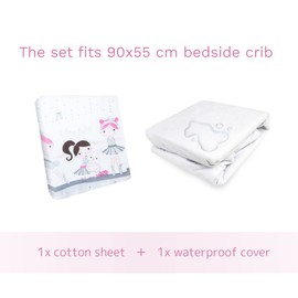 100% Cotton Fitted Sheet with Waterproof Mattress Protector to fit 90x55 cm Bedside Crib (Grey Dancer)