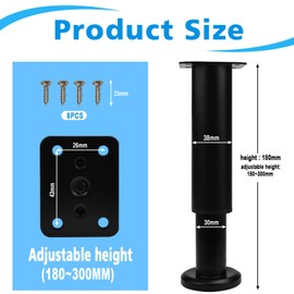 Inkurie 7-12'' Adjustable Furniture Legs, 2 Pcs Metal Bed Support Leg Heavy Duty Furniture Replacement Legs Black Leg for Sofa Couch Chair Ottoman Cabinet