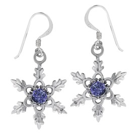 Silvershake Genuine Tanzanite 925 Sterling Silver Snowflake Dangle Hook Earrings