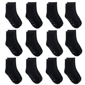 Tenpluszero 12 Pairs Non Slip Toddler Socks Crew Socks with Grips for Baby Boys Girls (Black, 2T/4T)