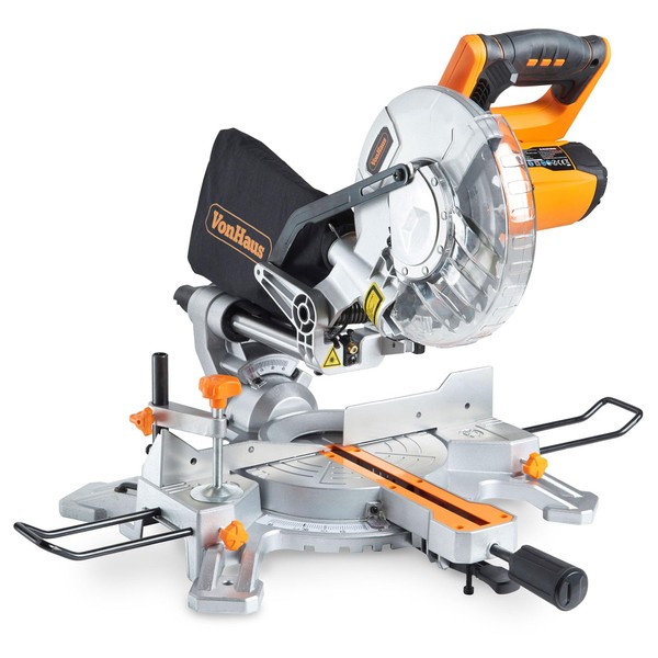 VonHaus Sliding Mitre Saw 1500W 8” (210mm) – Sliding Side Support Bars for Wide Work Pieces – Powerful Performance with +45°/-45° Mitre Cuts – Easily Cuts Through Woods & Plastics with Laser Guide