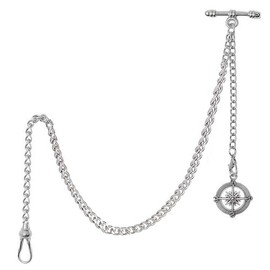 Kchss Pocket Watch Chain Double Albert Chain T-Bar Watch Chain with Compass Rudder Pendant Silver