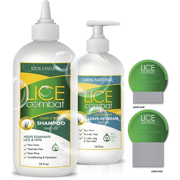 Lice Treatment Kit | Shampoo, Repellent Leave-in Cream & Two Combs | Kills Lice, Super Lice & Nits | Repels & Prevents | Pesticide Free | 100% Natural | Tea Tree + Coconut Oil+ Aloe Vera.