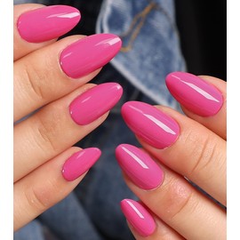 Kikmoya Short Almond Press on Nails - Hot Pink Fake Nails with Designs Reusable Acrylic False Nails Glossy Full Cover Stick on Nails for Women 30 Pcs